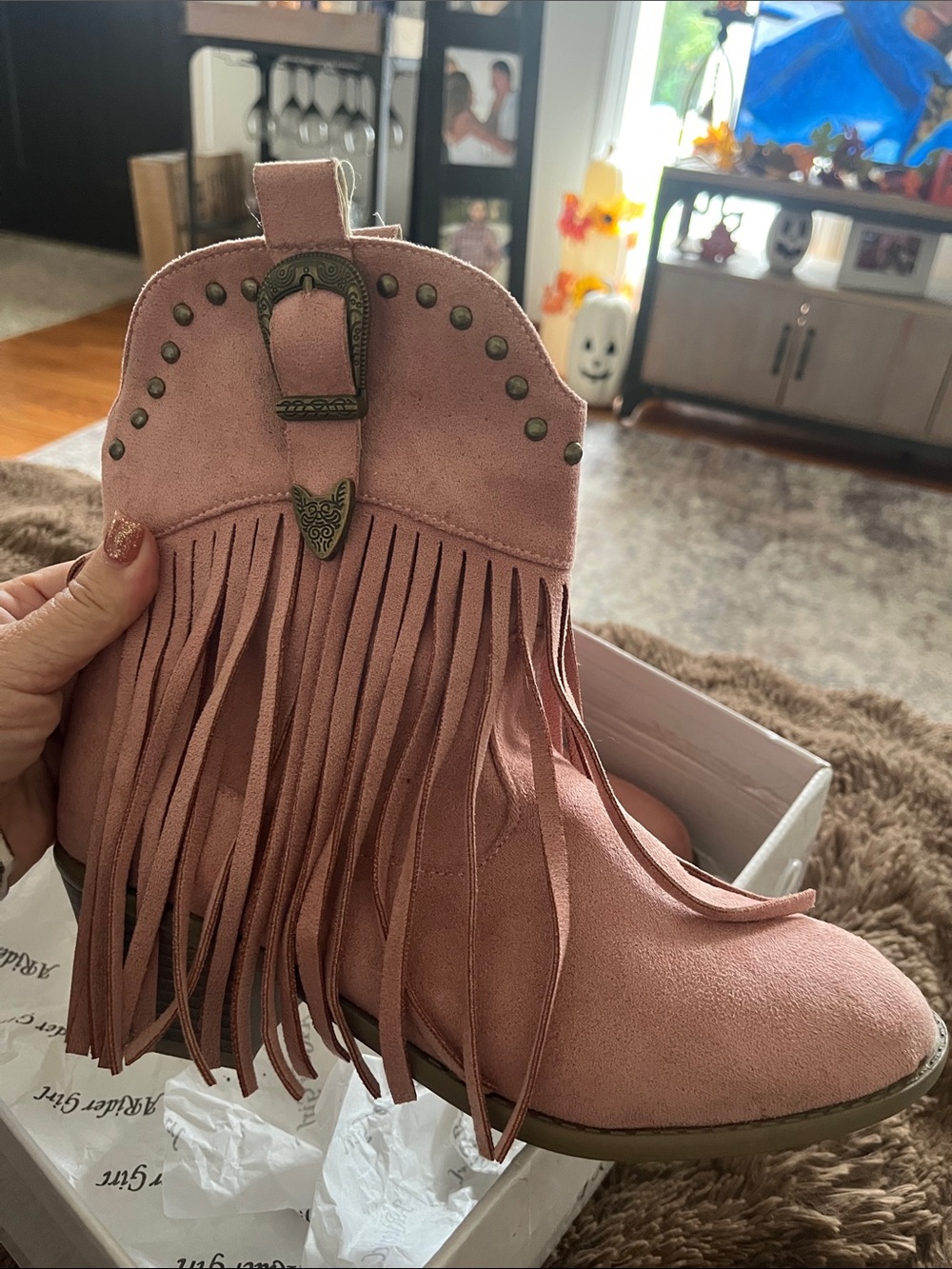 Fringed Suede Ankle Booties in Pink